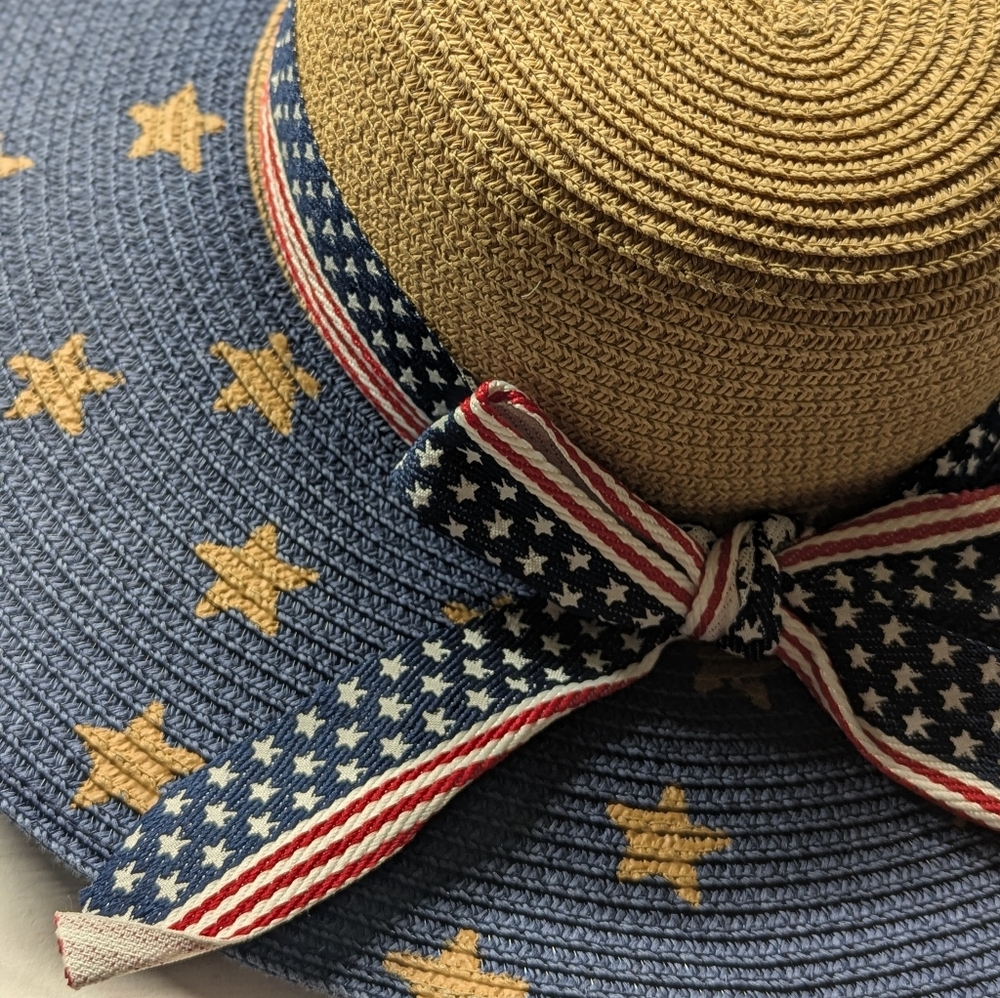 Stars And Stripes Floppy Wide Brim Hat Red White Blue Ribbon Adj Int Headband - Picture 7 of 7